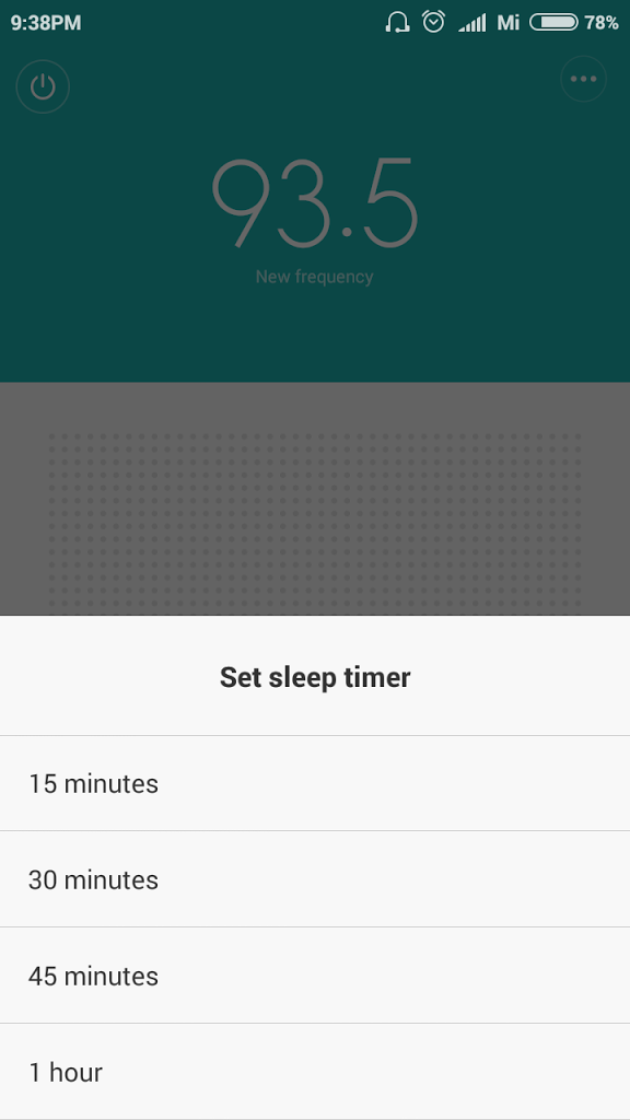 Sleep timer menu in FM Radio Xiaomi MIUI Android