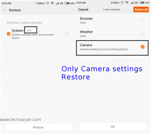 Options during restore backup in Xiaomi Mobiles